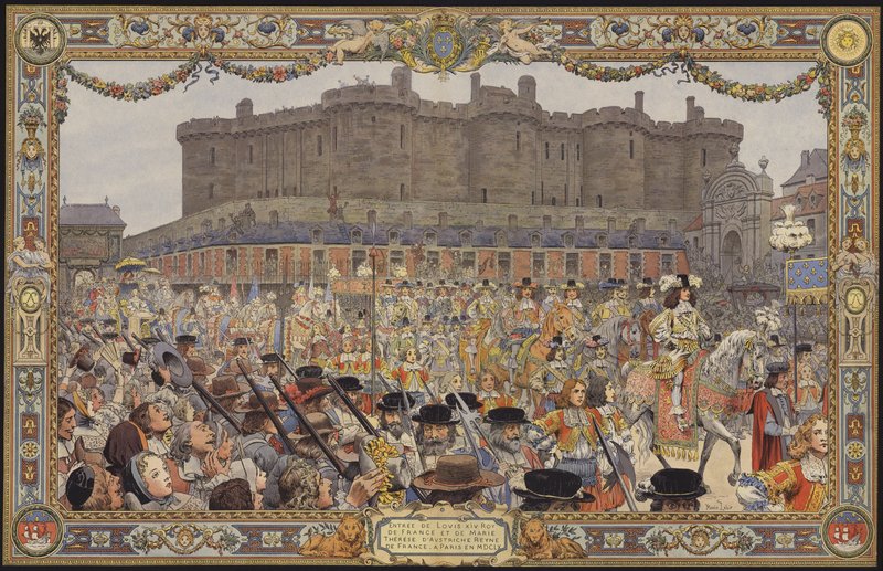 Kong Ludvig XIV og hans dronning kommer ind i Paris via Porte Sainte-Antoine af Maurice Leloir