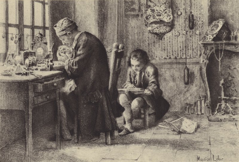 Den unge Jean-Jacques Rousseau læser, mens hans far arbejder (dybtryk) af Maurice Leloir