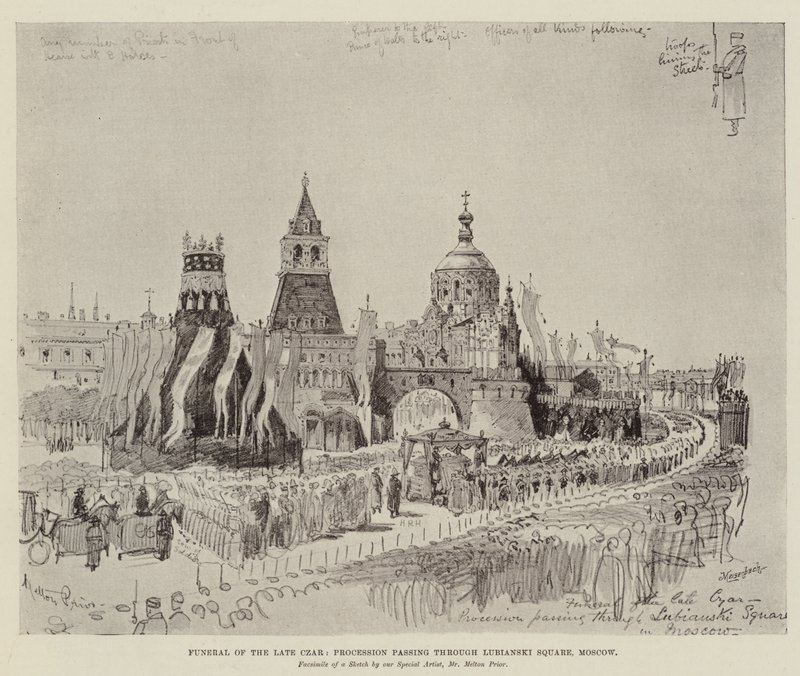 Begravelse af den sene zar, procession, der passerer gennem Lubianski-pladsen, Moskva af Melton Prior