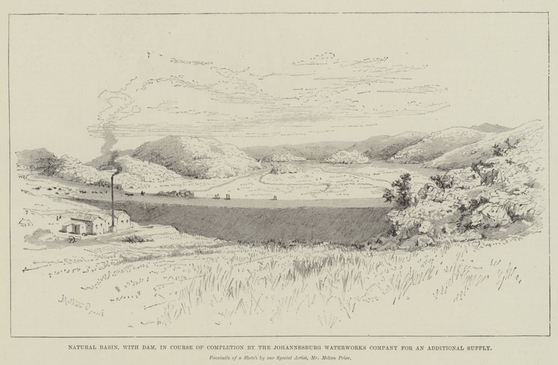 Naturligt bassin med dæmning, der er ved at blive færdiggjort af Johannesburg Waterworks Company med henblik på en supplerende forsyning af Melton Prior