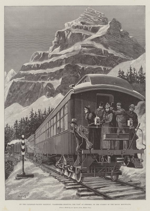Passagerer på Canadian-Pacific Railway nyder udsigten ved Stephen på toppen af Rocky Mountains af Melton Prior