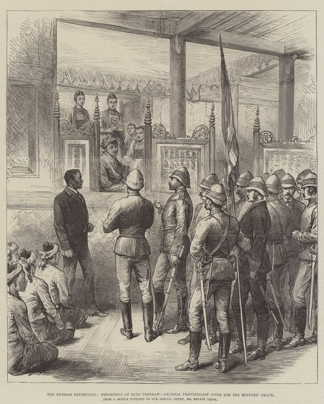 Burmah-ekspeditionen, afsættelse af kong Theebaw, general Prendergast giver ham ti minutters nåde af Melton Prior