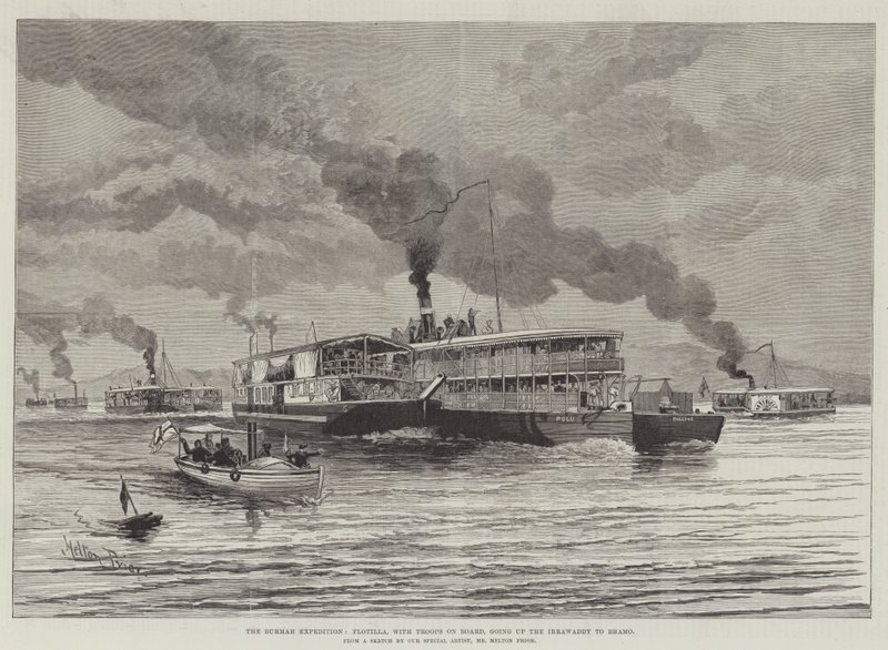 Burmah-ekspeditionen, Flotille, med tropper ombord, går op ad Irrawaddy til Bhamo af Melton Prior