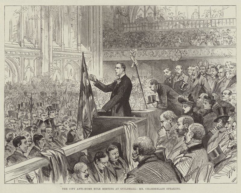 Byens anti-hjemmestyremøde i Guildhall, hr. Chamberlain taler af Melton Prior