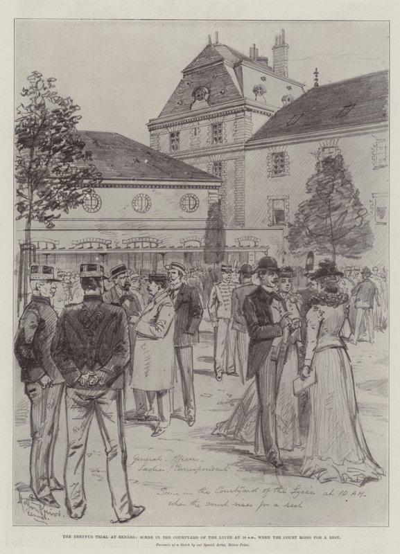 Dreyfus-retssagen i Rennes, scene i Lyceeets gårdhave kl. 10, når retten rejser sig for et hvil af Melton Prior