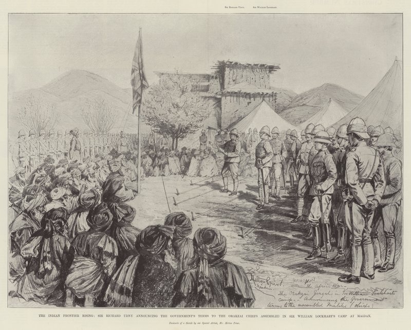 The Indian Frontier Rising, Sir Richard Udny, der annoncerer regeringens vilkår til Orakzai-høvdingene samlet i Sir William Lockharts lejr i Maidan af Melton Prior