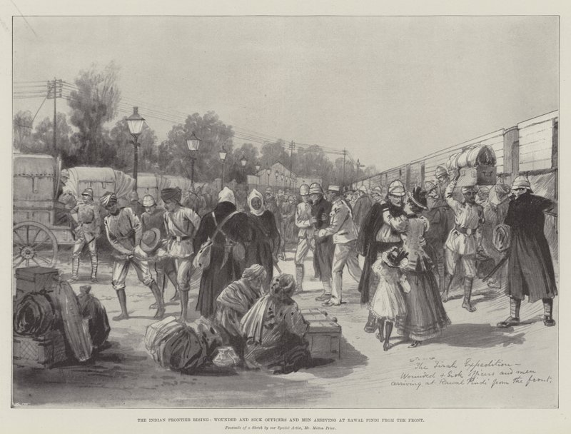 Indian Frontier Rising, sårede og syge officerer og mænd ankommer til Rawal Pindi fra fronten af Melton Prior