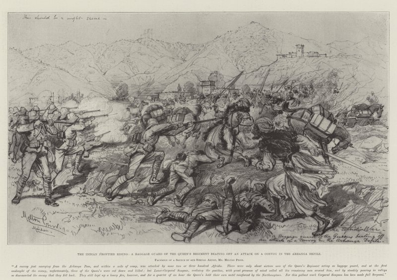 The Indian Frontier Rising, en bagagevagt fra dronningens regiment, der slår et angreb på en konvoj i Arhanga-befugtet af Melton Prior