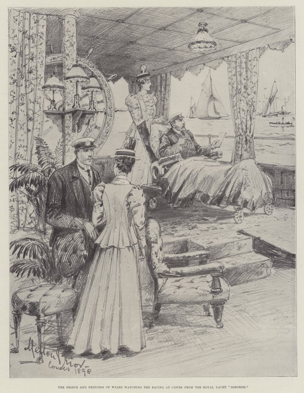 Prinsen og prinsessen af Wales ser kapsejladsen ved Cowes fra Royal Yacht Osborne af Melton Prior
