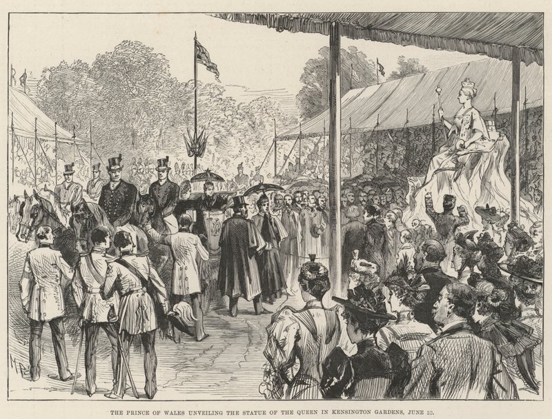 Prinsen af Wales afslører statuen af dronningen i Kensington Gardens, 28. juni af Melton Prior