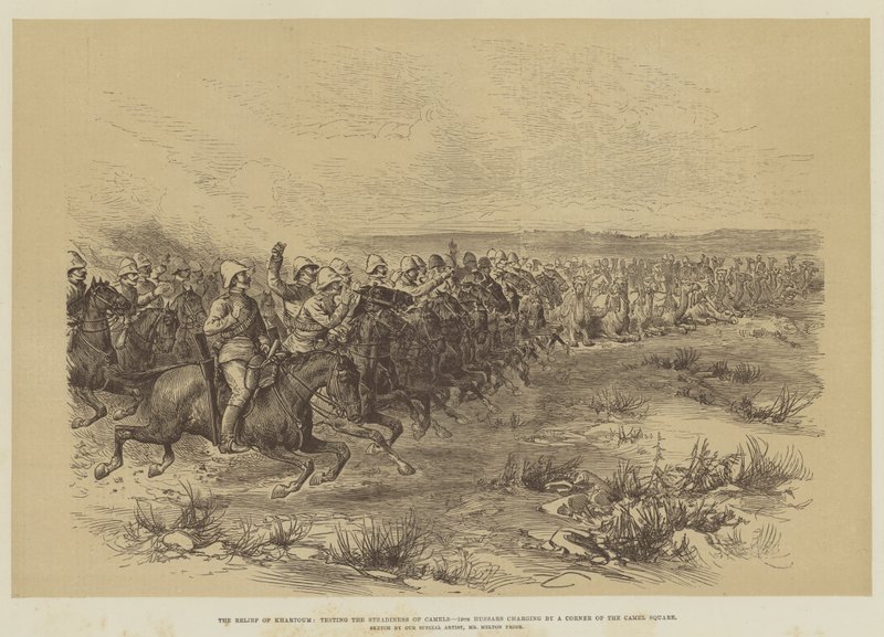 The Relief of Khartoum, tester kamelernes stabilitet, 19. husarer, der anløber ved et hjørne af Kamelpladsen af Melton Prior