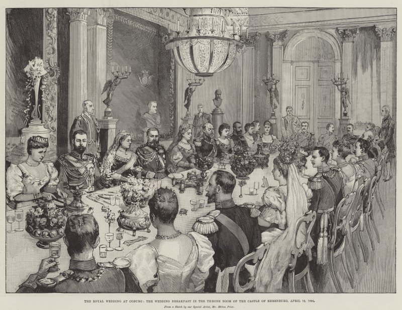 Det kongelige bryllup i Coburg, bryllupsfrokost i tronsalen på slottet Ehrenburg, 19. april 1894 af Melton Prior