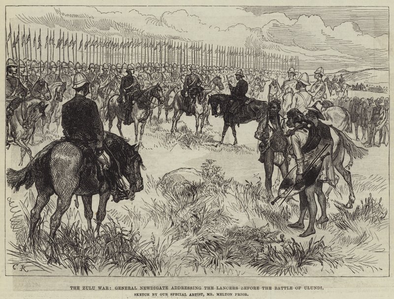 Zulu-krigen, General Newdigate, der henvender sig til Lancers før slaget ved Ulundi af Melton Prior