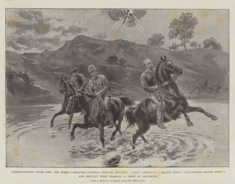 Korrespondenter under ild, fjendens granatsplinter sprænger over Mr Nevinson (Daily Chronicle), Melton Prior (Illustrated London News) og Servant, når de krydser en Drift ved Ladysmith af Melton Prior