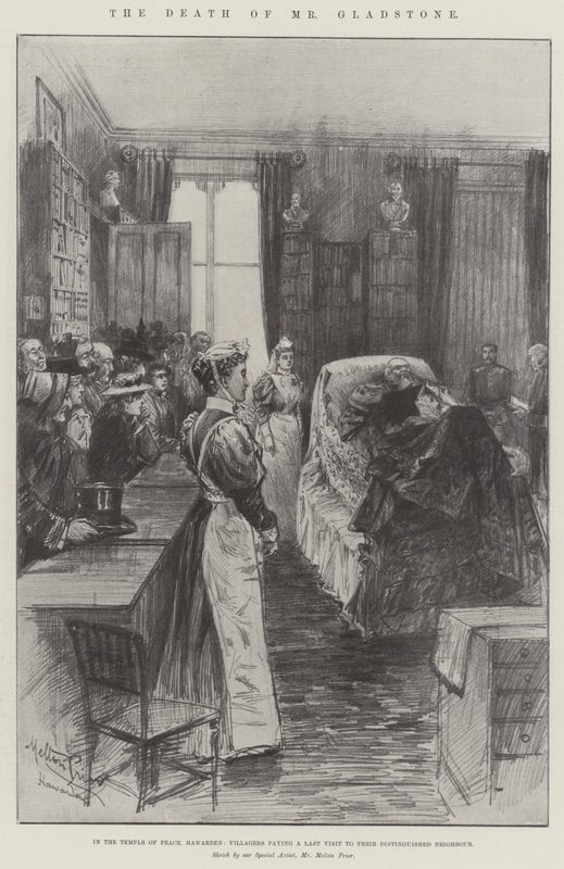 Hr. Gladstones død, i Fredens Tempel, Hawarden, landsbyboere på et sidste besøg hos deres fornemme nabo af Melton Prior