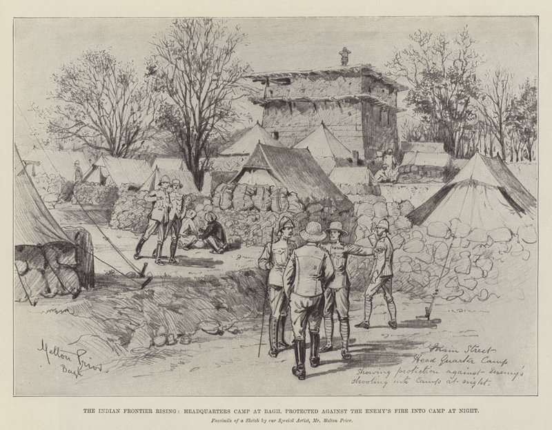 Indian Frontier Rising, hovedkvarterslejr i Bagh, beskyttet mod fjendens ild ind i lejren om natten af Melton Prior
