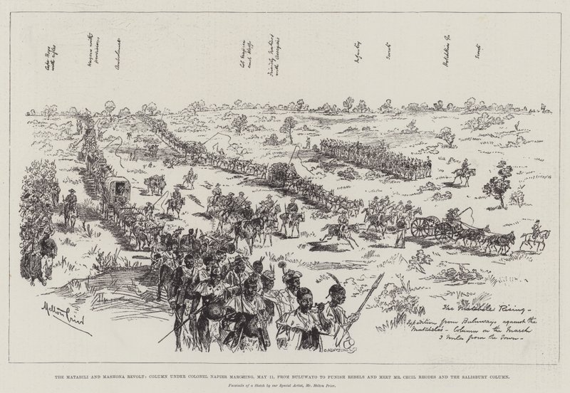 Matabele og Mashona-oprøret, kolonne under oberst Napier marcherer den 11. maj fra Bulawayo for at straffe oprørere og møde hr. Cecil Rhodes og Salisbury-søjlen af Melton Prior