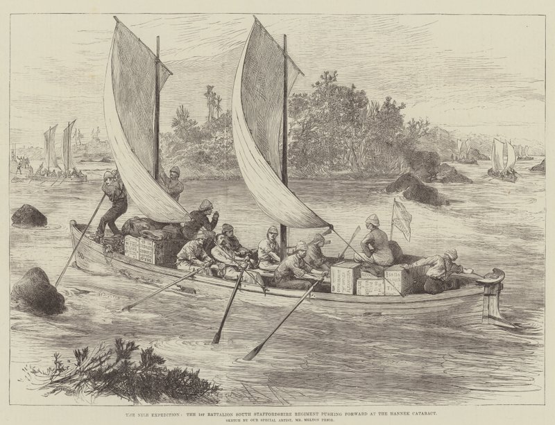 Nile Ekspeditionen, 1. Bataljon South Staffordshire Regiment skubber frem ved Hannek Cataract af Melton Prior