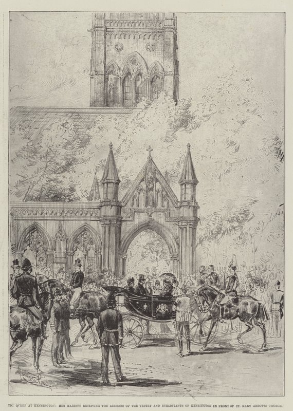Dronningen i Kensington, Hendes Majestæt, der modtager adressen til Vestry og indbyggere i Kensington foran St Mary Abbotts Church af Melton Prior
