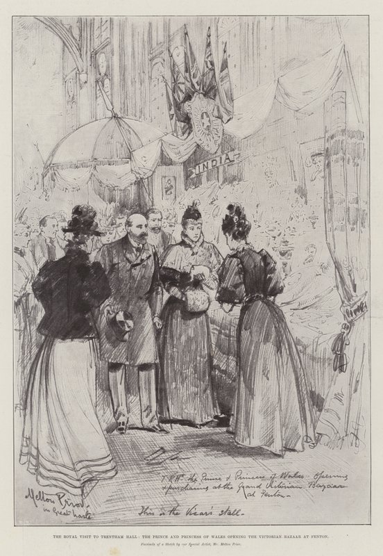 Det kongelige besøg i Trentham Hall, prinsen og prinsessen af Wales åbner den victorianske basar i Fenton af Melton Prior