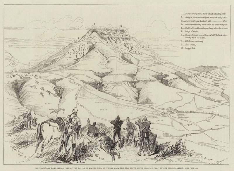 Transvaal-krigen, skitseplan for slaget ved Majuba Hill, set fra bakken over Mount Prospect Camp af Melton Prior