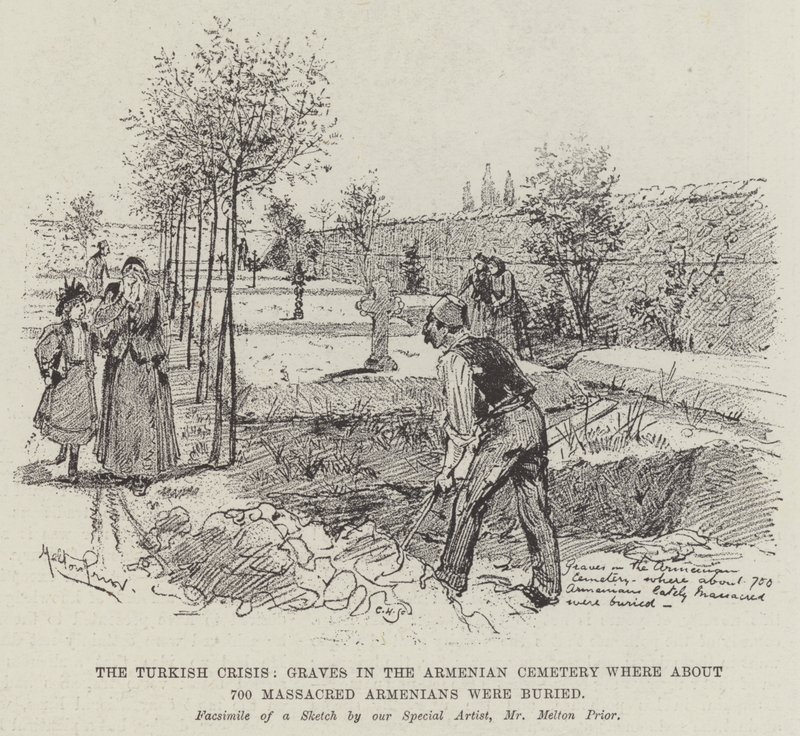 Den tyrkiske krise, grave på den armenske kirkegård, hvor omkring 700 massakrerede armeniere blev begravet af Melton Prior