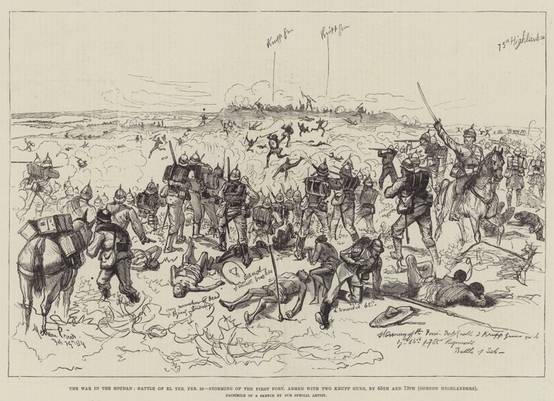 Krigen i Soudan, Slaget ved El Teb, 29. februar, storming af det første fort, bevæbnet med to Krupp-kanoner, af 65. og 75. Gordon Highlanders af Melton Prior