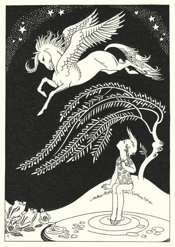 Nedad kom Pegasus, i brede fejende cirkler (farve litho) af Merlyn Mann