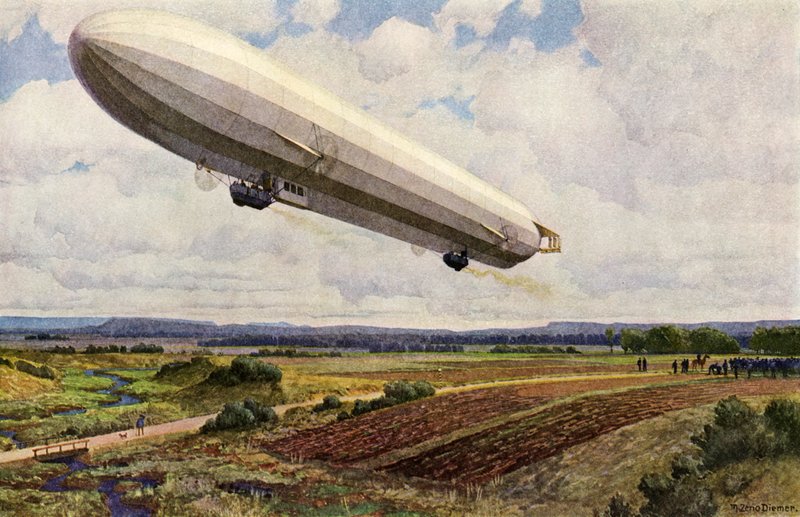Bestigning af et tysk militær Zeppelin luftskib (farve litho) af Michael Zeno Diemer