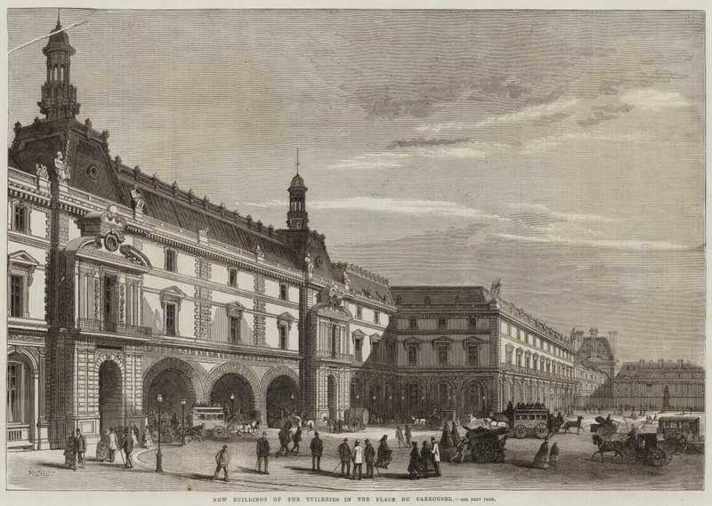 Nye bygninger i Tuilerierne på Place du Carrousel af Michel Charles Fichot
