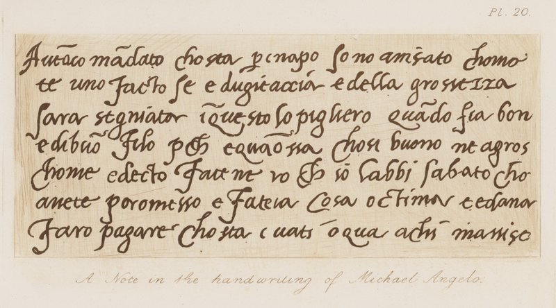 En note med Michelangelos håndskrift (radering) af Michelangelo (after) Buonarroti
