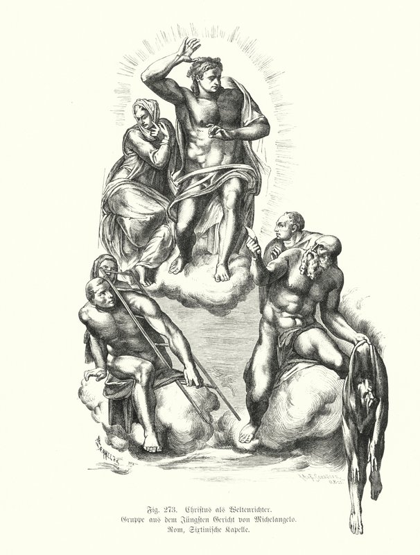 Kristus Dommeren, detalje fra Michelangelos sidste dom, maleri på altervæggen i Det Sixtinske Kapel, Peterskirken, Rom, Italien (gravering) af Michelangelo (after) Buonarroti