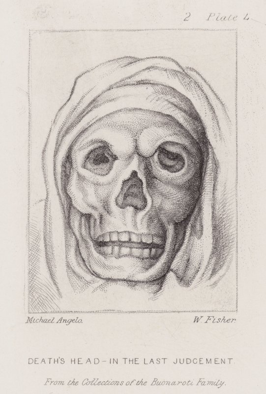 Dødens hoved, i den sidste dom (radering) af Michelangelo (after) Buonarroti