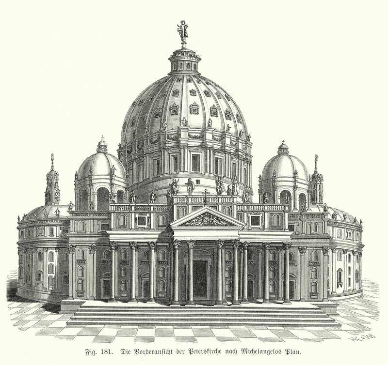 Udsigt over Michelangelos design til facaden af Peterskirken, Rom, Italien (gravering) af Michelangelo (after) Buonarroti