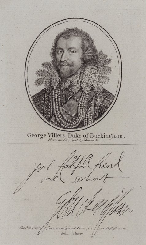 George Villiers hertug af Buckingham, engelsk hofmand, politiker og favorit af kong James I (gravering) af Michiel Janszoon van (after) Miereveldt