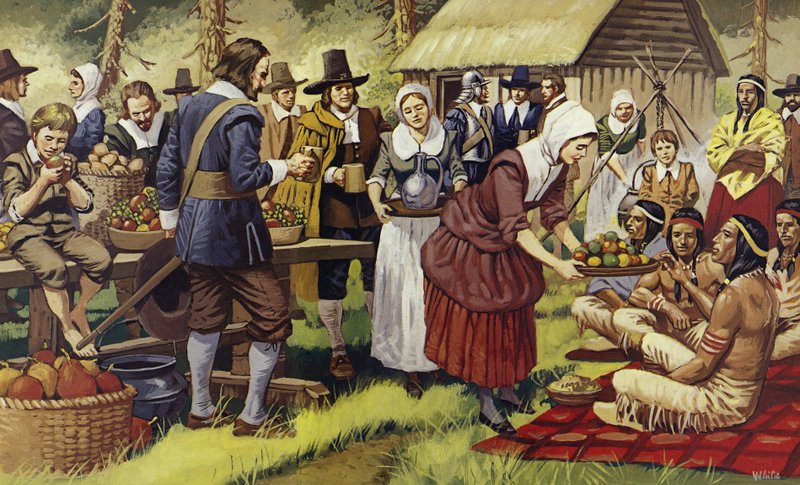 Den første Thanksgiving i 1621, et år efter at pilgrimsfædrene havde forladt den gamle verden (farvelitografi) af Mike (20th century) White