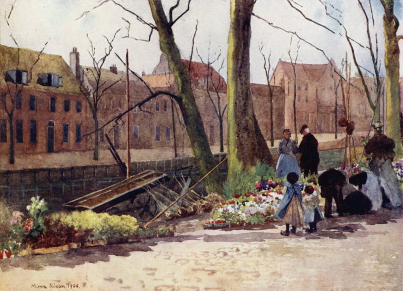 Blomstermarked, Haarlem (farve litho) af Mima Nixon