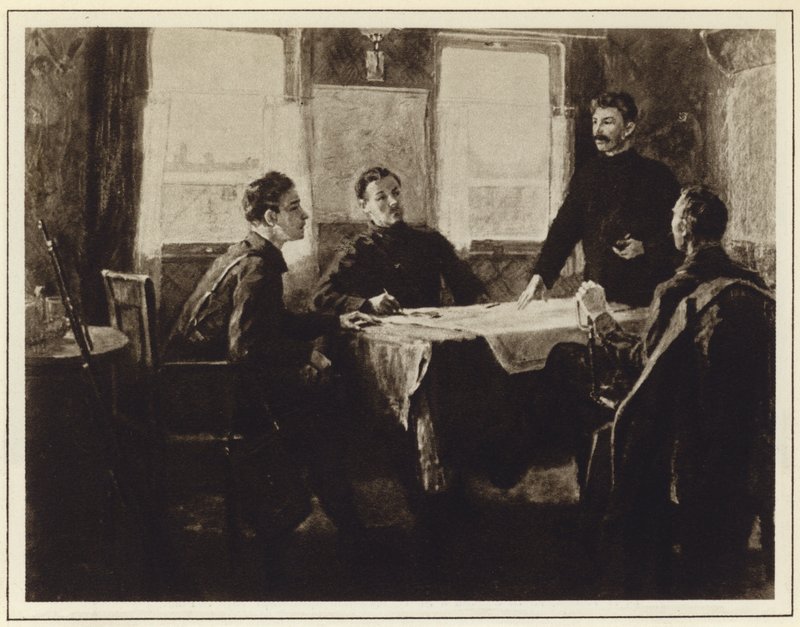 Joseph Stalin i hovedkvarterets vogn i Tsaritsyn, russisk borgerkrig af Mitrofan Borisovic Grekov