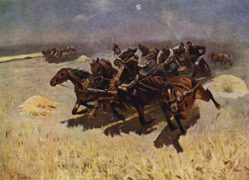 Tachanka (maskingevær monteret på en hestevogn) (farve litho) af Mitrofan Borisovic Grekov