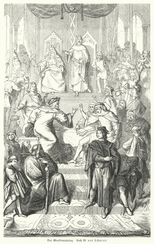 Sangerkrieg, en konkurrence mellem minstreller på Wartburg-slottet i Thüringen i 1207 (gravering) af Moritz Ludwig von (after) Schwind