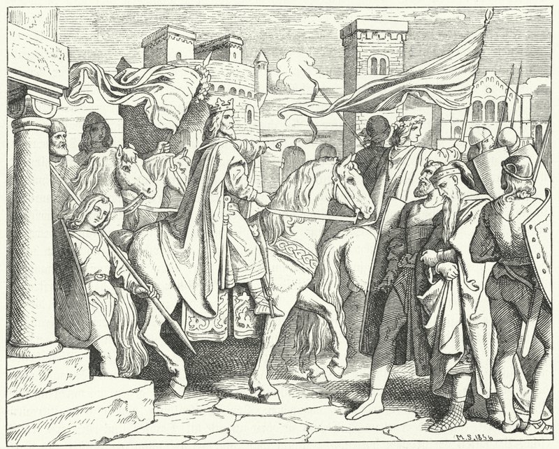 Karl den Store på vej ind i Pavia, 774 (gravering) af Moritz Ludwig von Schwind
