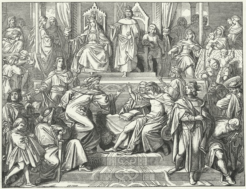 Sangerkrieg, en konkurrence mellem minstreler på Wartburg-slottet i Thüringen i 1207 (gravering) af Moritz Ludwig von Schwind