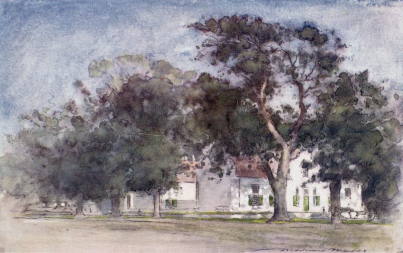 Hollandsk stuehus på Rhodos" Estates, Paarl af Mortimer Ludington Menpes