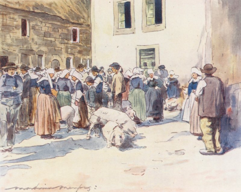 Et svinemarked (farvelitografi) af Mortimer Ludington Menpes