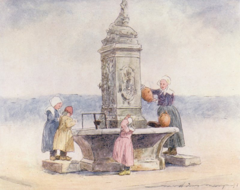 Ved springvandet, Concarneau (farvelitografi) af Mortimer Ludington Menpes