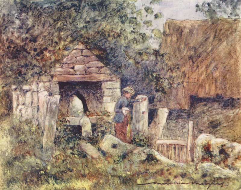 Ved siden af en gård (farvelitografi) af Mortimer Ludington Menpes
