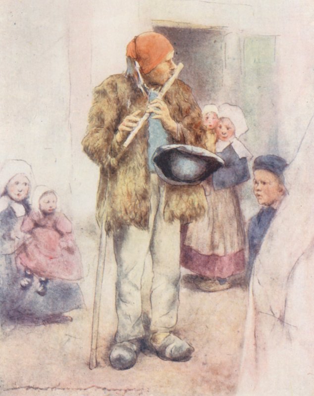 Den blinde fløjtespiller (farvelitografi) af Mortimer Ludington Menpes