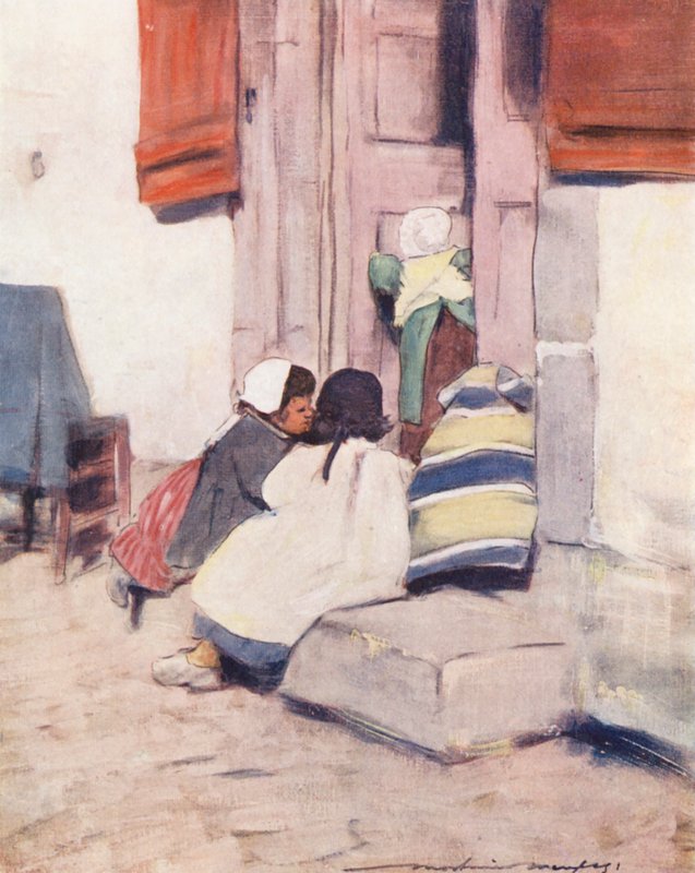 Verdens børn: Breton, leger butik (farvelitografi) af Mortimer Ludington Menpes