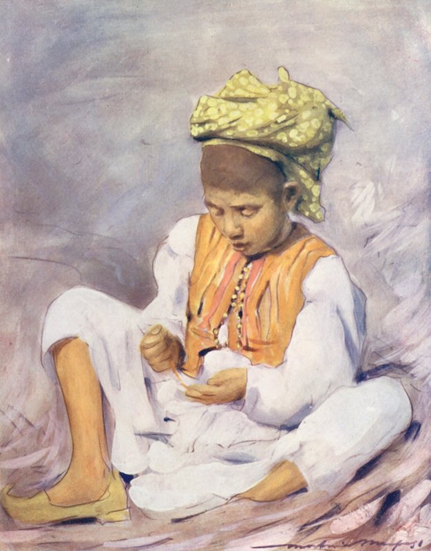 Verdens børn: Indianer, trådning af perler (farvelitografi) af Mortimer Ludington Menpes