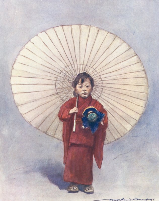 Verdens børn: Japansk, hans første paraply (farvelitografi) af Mortimer Ludington Menpes